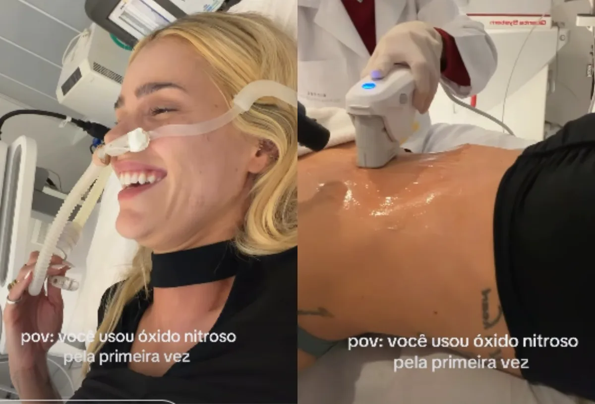 Yasmin Brunet mostra tratamento no abdômen e experimenta gás do riso