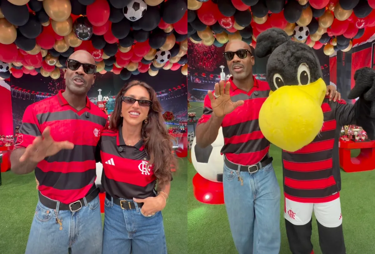 Festa de Kalu ganha bolo de cinco andares e mascote gigante do Flamengo