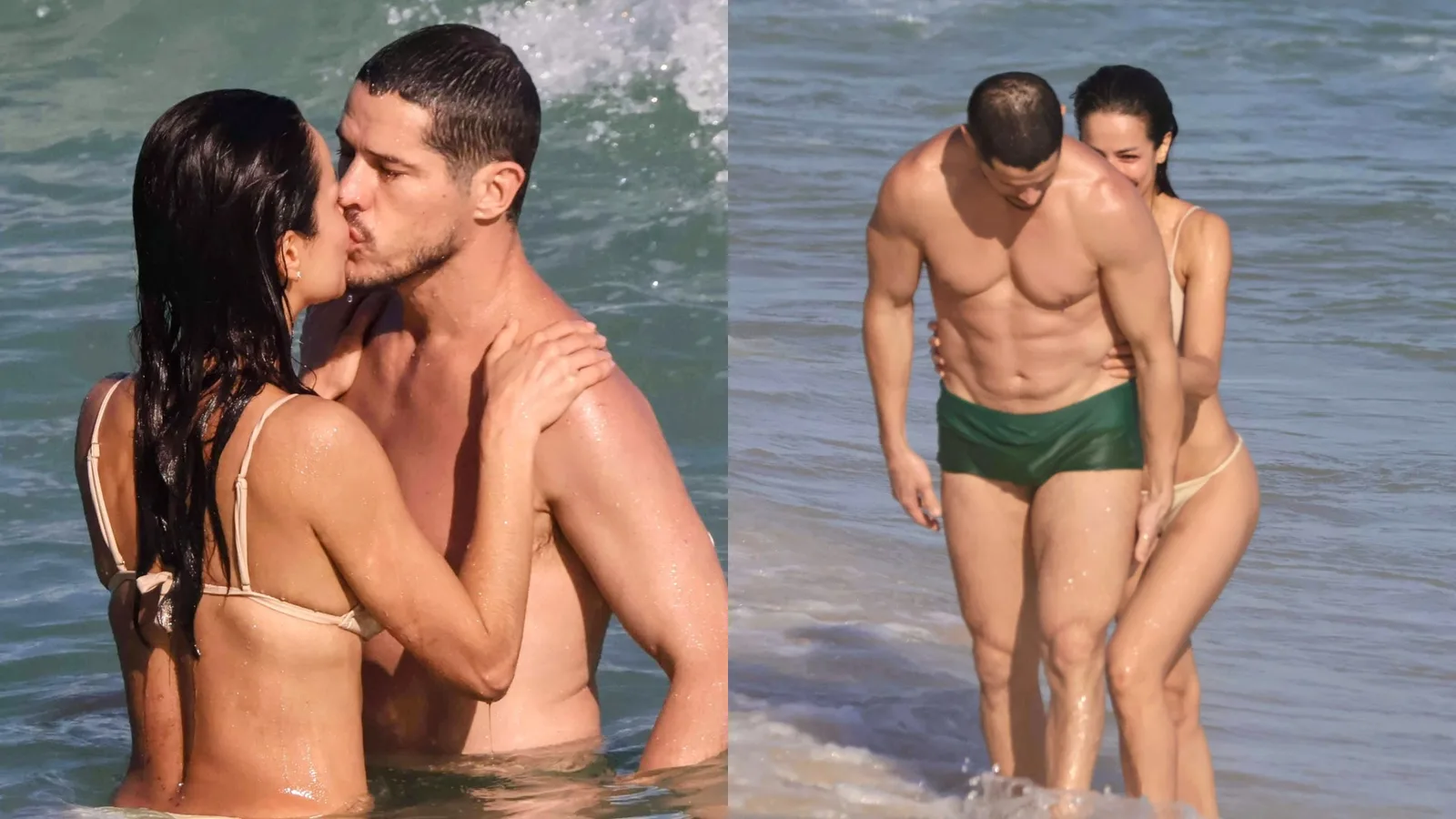 José Loreto e Nanda Marques trocam beijos durante dia de praia no Rio