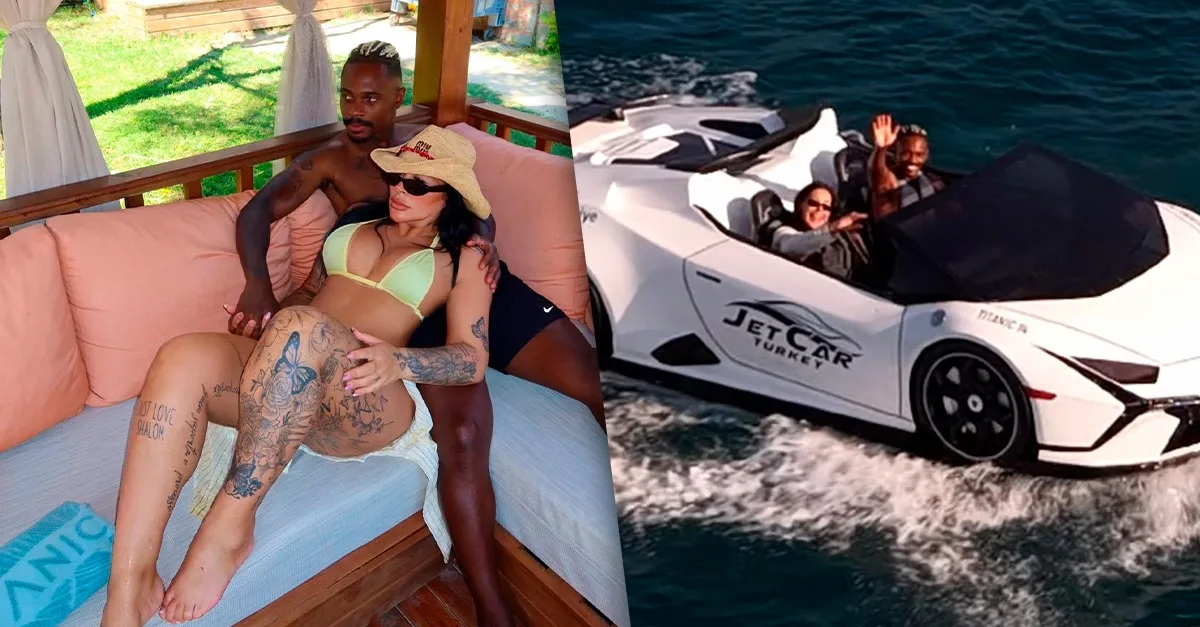 Lincoln Henrique e Adriana Muller passeiam em embarcação inspirada em Lamborghini