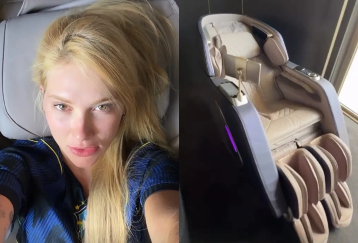 Virginia Fonseca testa poltrona de massagem com gravidade zero em casa