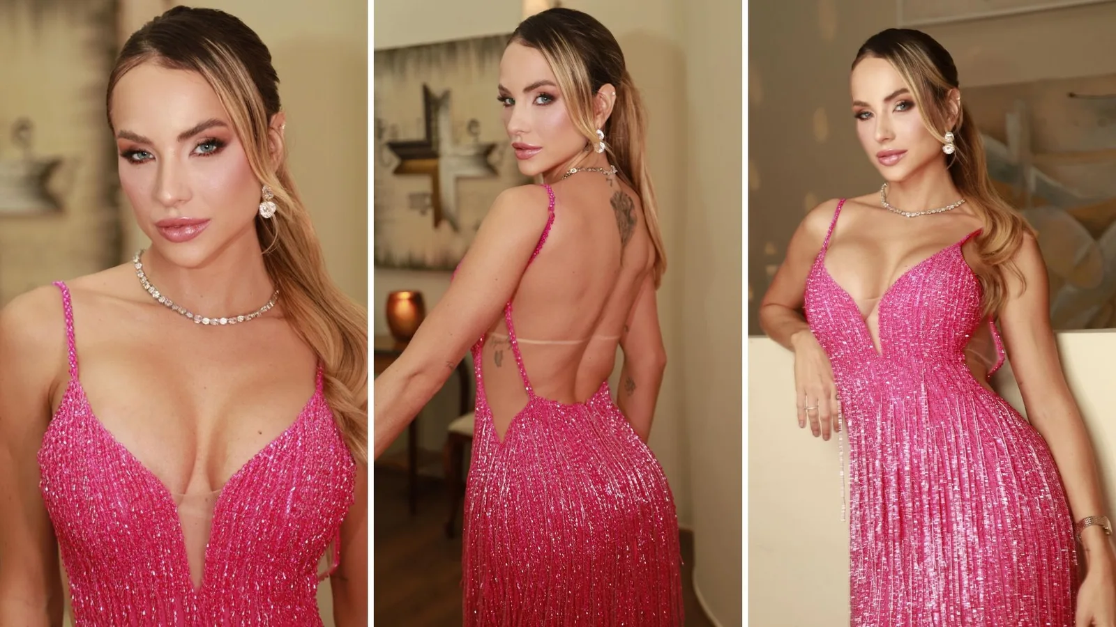 Gabi Martins usa vestido rosa com decote e costas abertas em festa de Virginia Fonseca