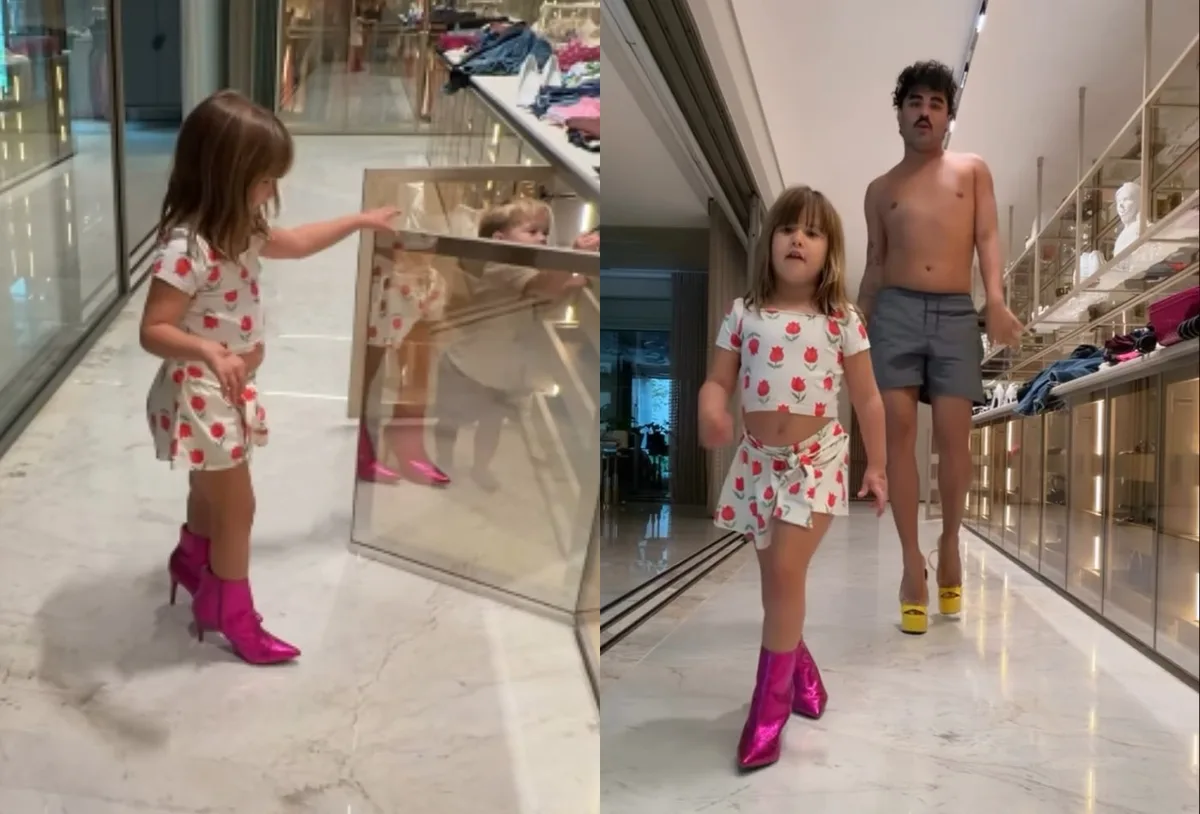 Maria Flor brinca de passarela com bota rosa de Virginia Fonseca