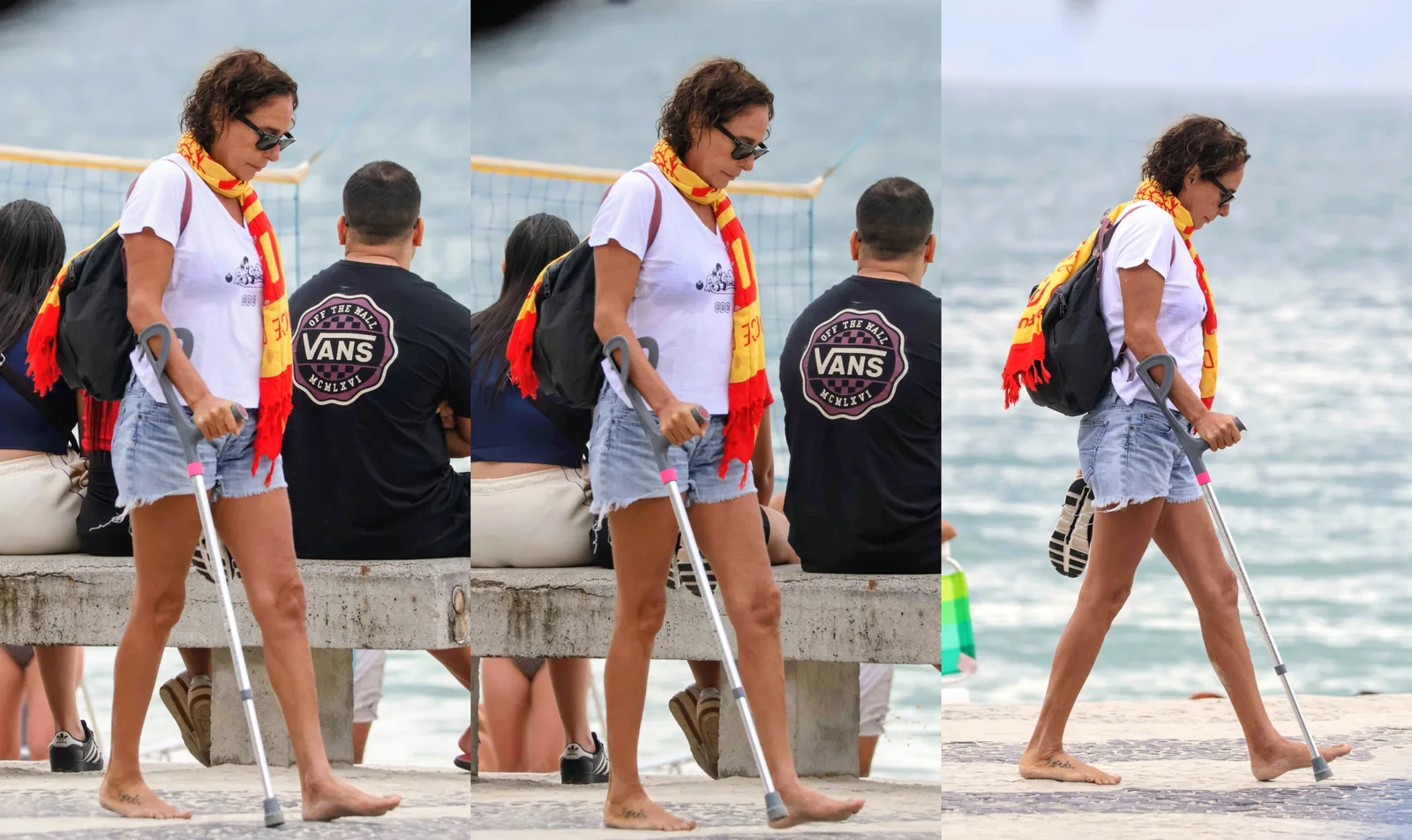 Andrea Beltrão é vista de muleta em Copacabana após cirurgia no pé