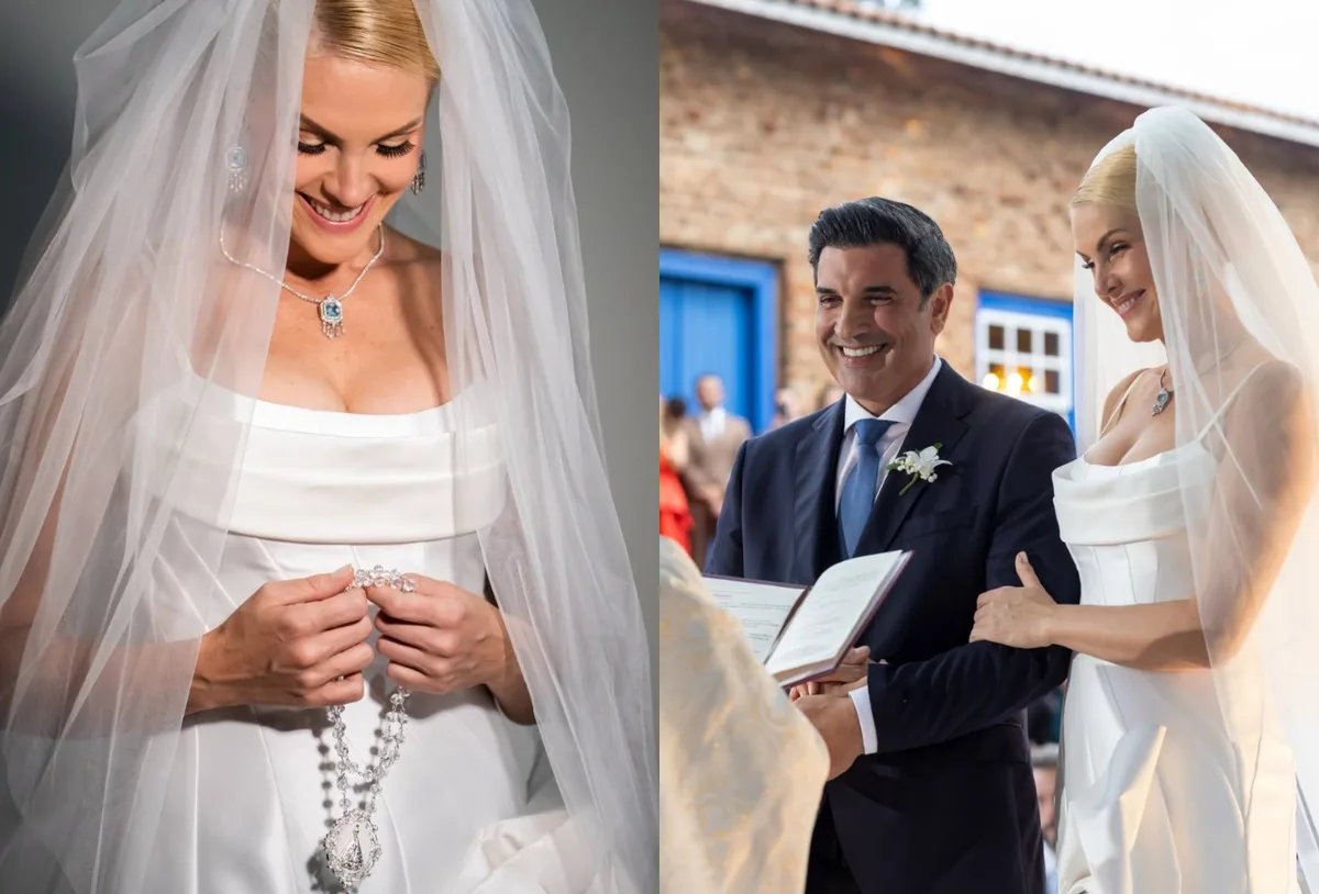 Ana Hickmann leva terço dado por fãs ao casamento com Edu Guedes