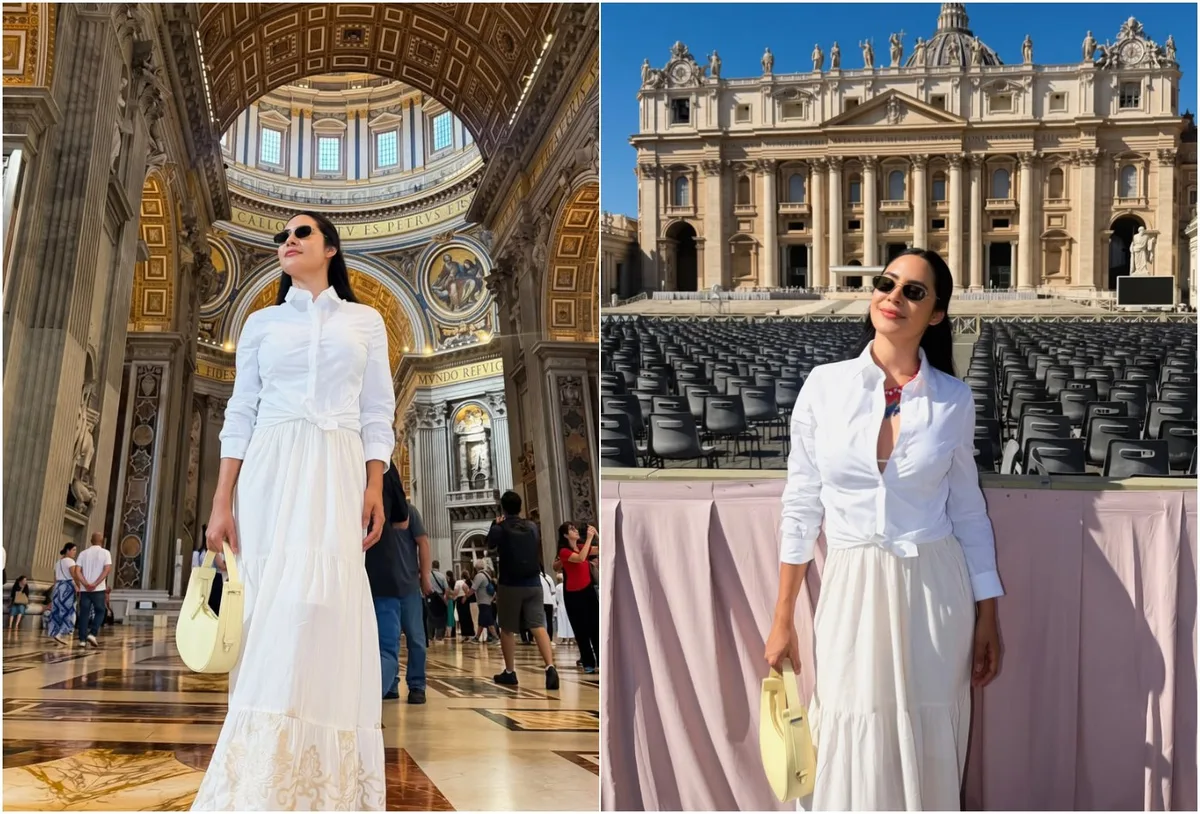 Isabelle Nogueira improvisa visual para visitar o Vaticano durante viagem à Itália