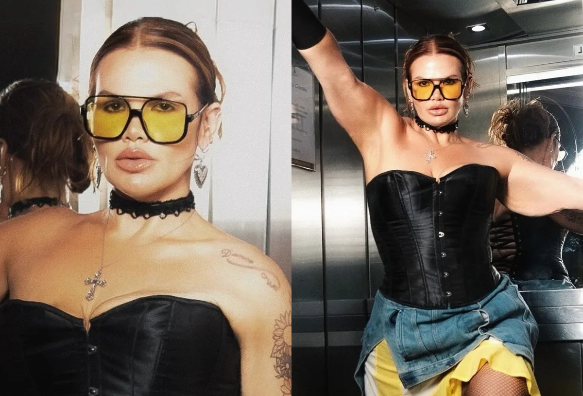 Thais Carla vai ao Rock in Rio com minissaia e corset