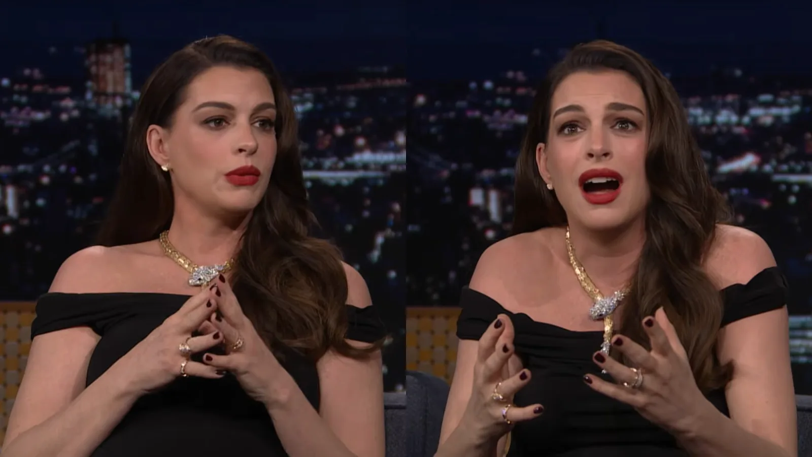 Anne Hathaway revela gravidez e comenta momento viral em estreia de Verity
