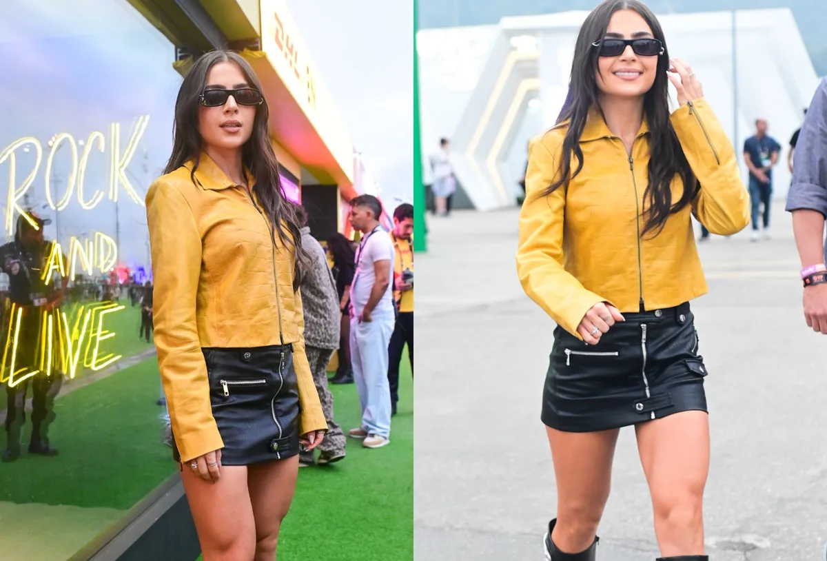 Jade Picon combina minissaia preta e jaqueta amarela no Rock in Rio