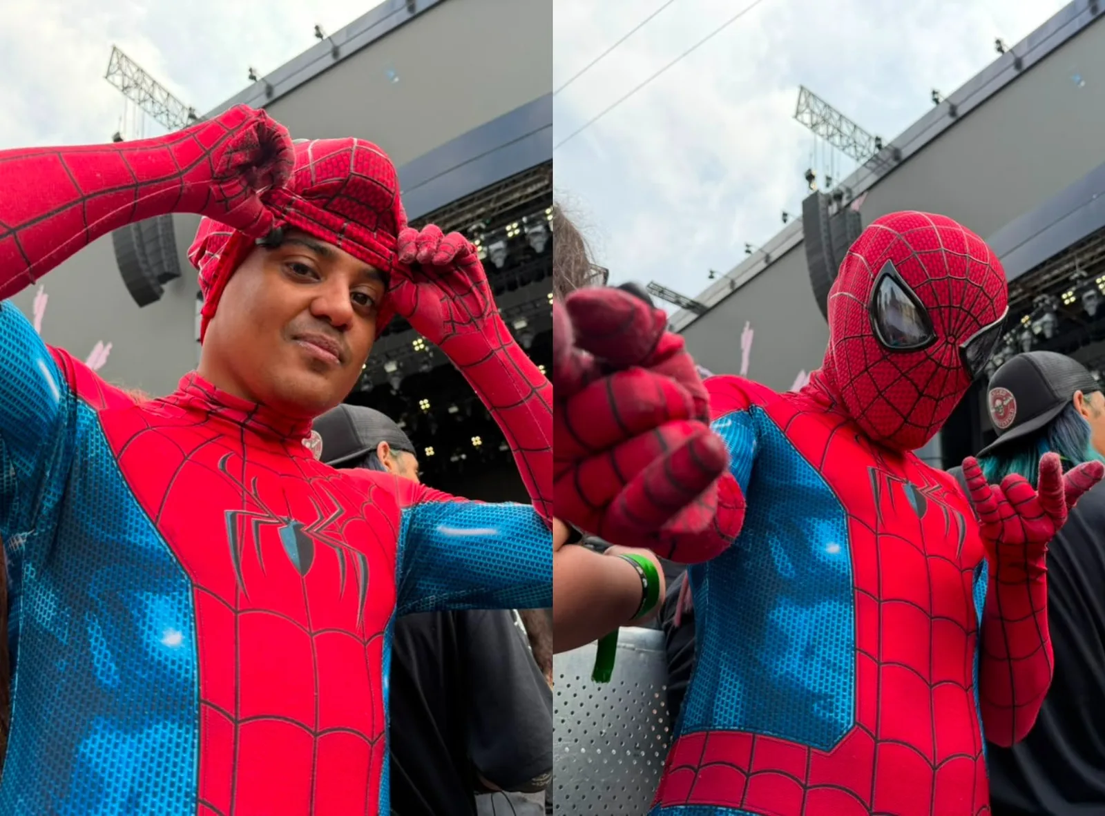 Fã fantasiado de Homem-Aranha corre para a grade no Rock in Rio