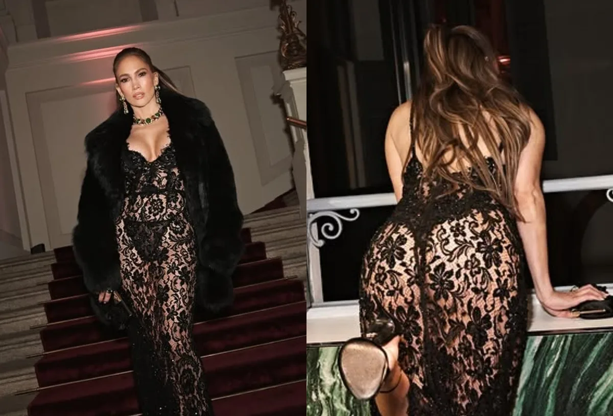 Jennifer Lopez usa vestido transparente com lingerie à mostra em Milão