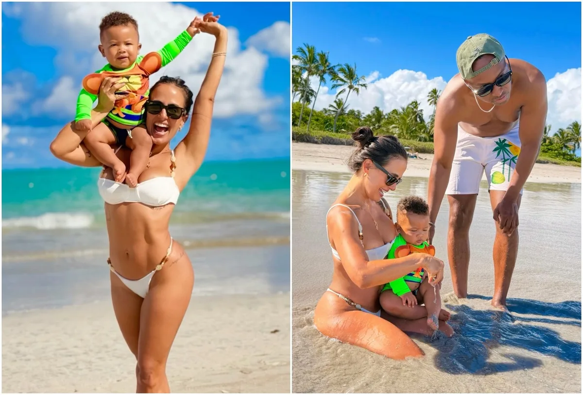 Carol Peixinho compartilha registros de praia com Thiaguinho e Bento