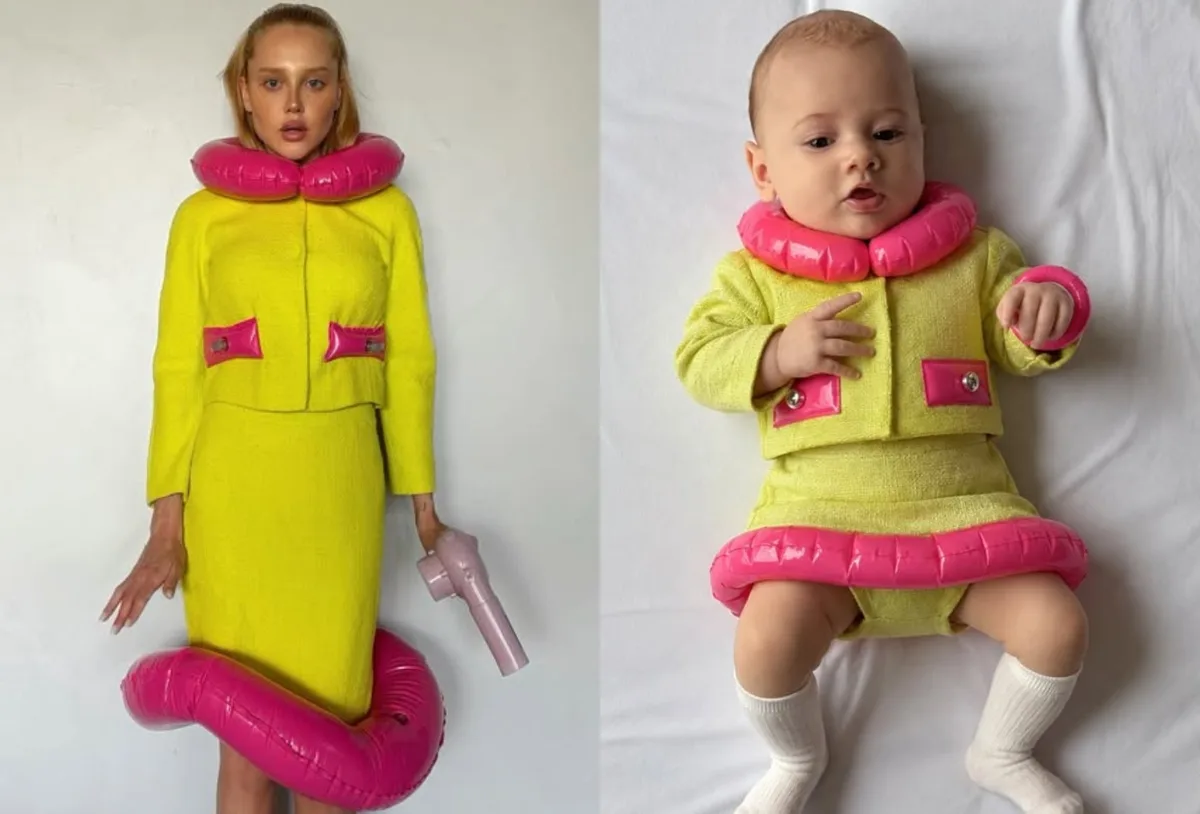 Malu Borges recria look inflável da Moschino para a filha caçula
