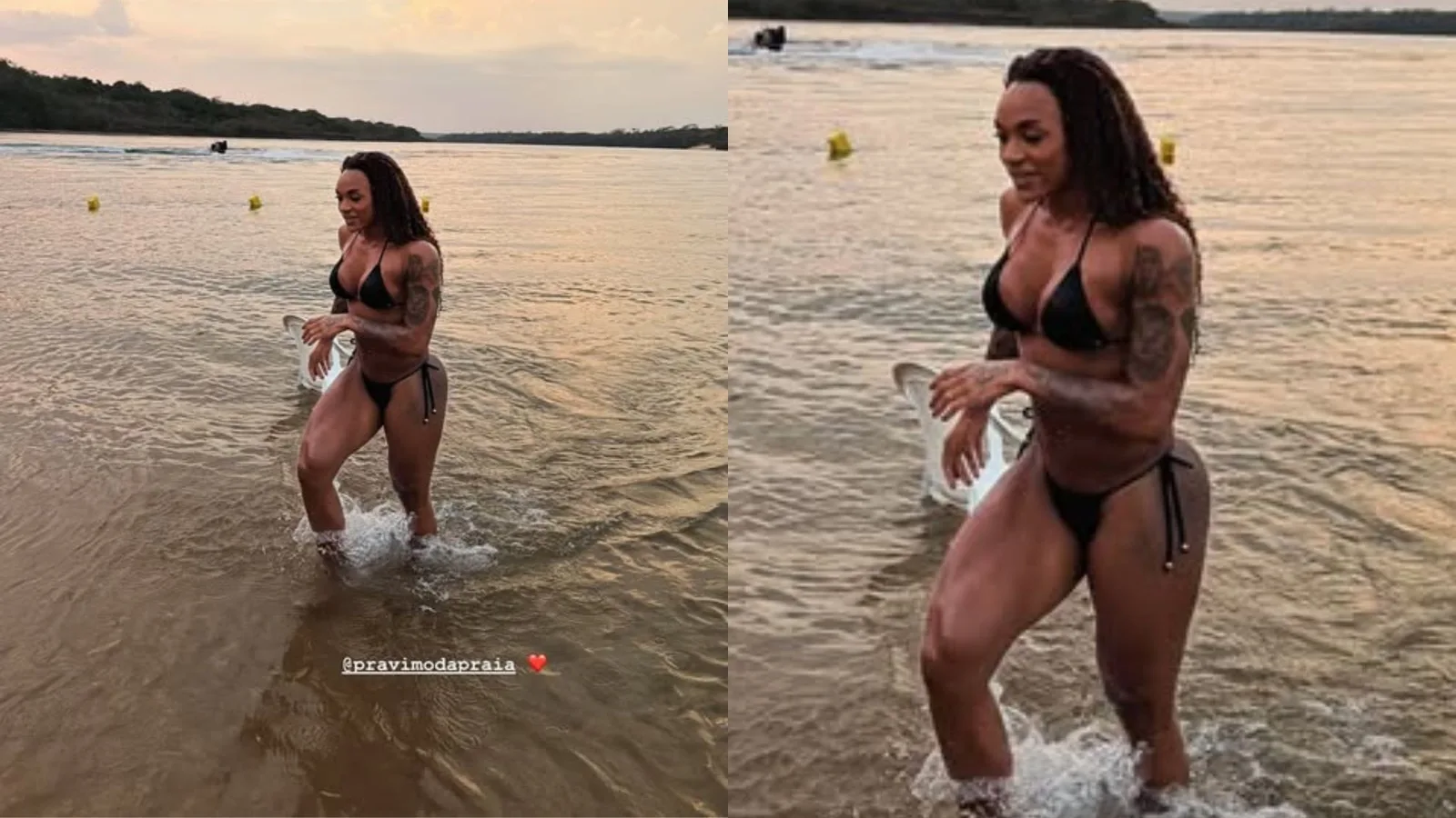 Patrícia Ramos mostra pernas musculosas durante dia de praia