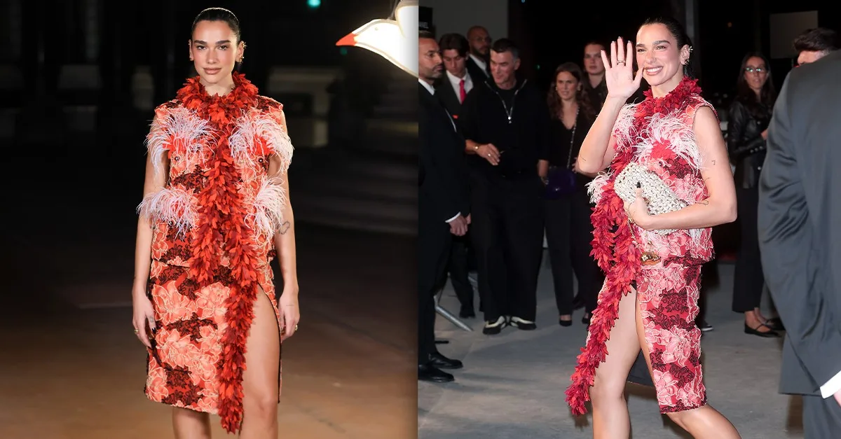 Dua Lipa usa tailleur da Chanel com fenda durante desfile em Paris