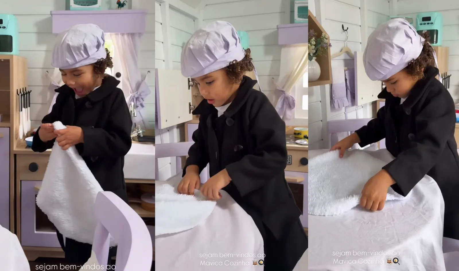Mavie transforma casinha de brinquedo em cenário de programa culinário